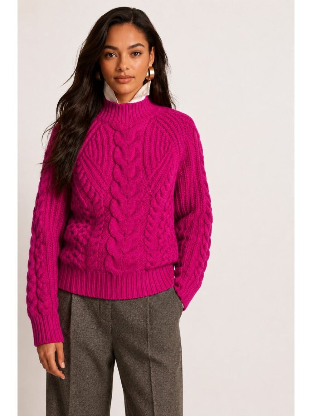 Banana Republic 100% Cashmere Cable Knit Sweater XS Pink Mock Neck Chunky Quiet